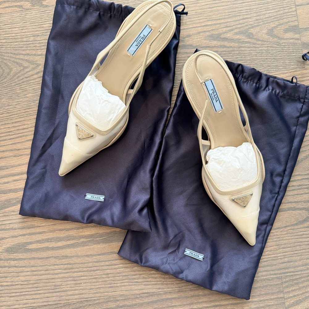 Prada Pointy Kitten Comma Heel Slingback Color: Deserto (Beige)